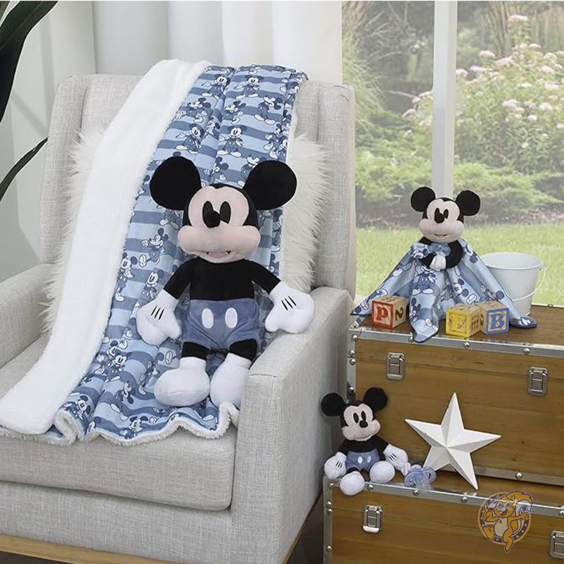 ディズニー Disney ミッキーマウス ベビーブランケット 毛布 ブルー ホワイト ストライプ スーパーソフト ベルボア シェルパ裏地付き