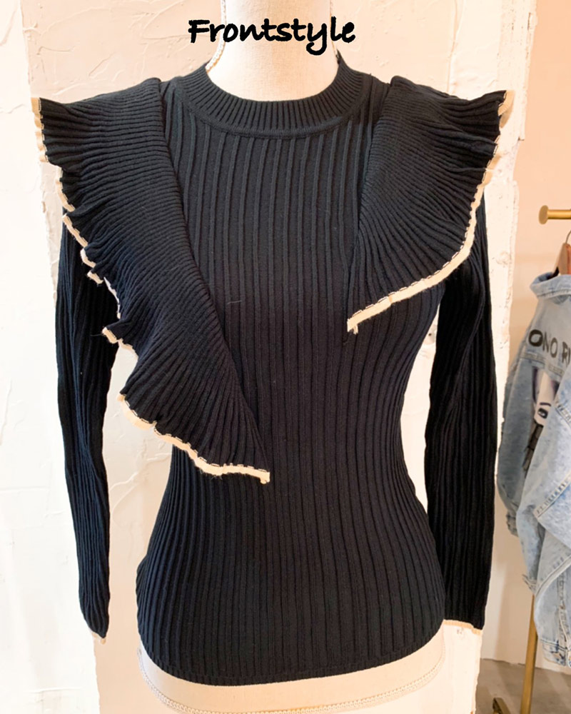 アシメフリルバイカラーニット