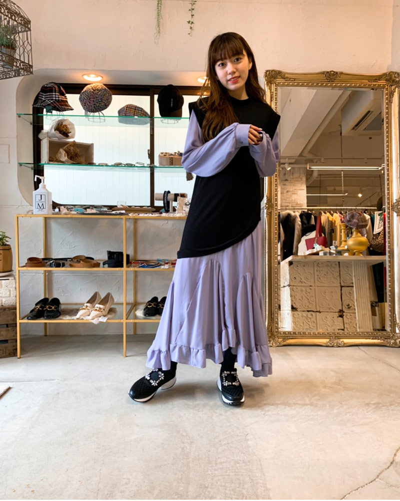 シフォンレイヤー異素材フリルワンピース