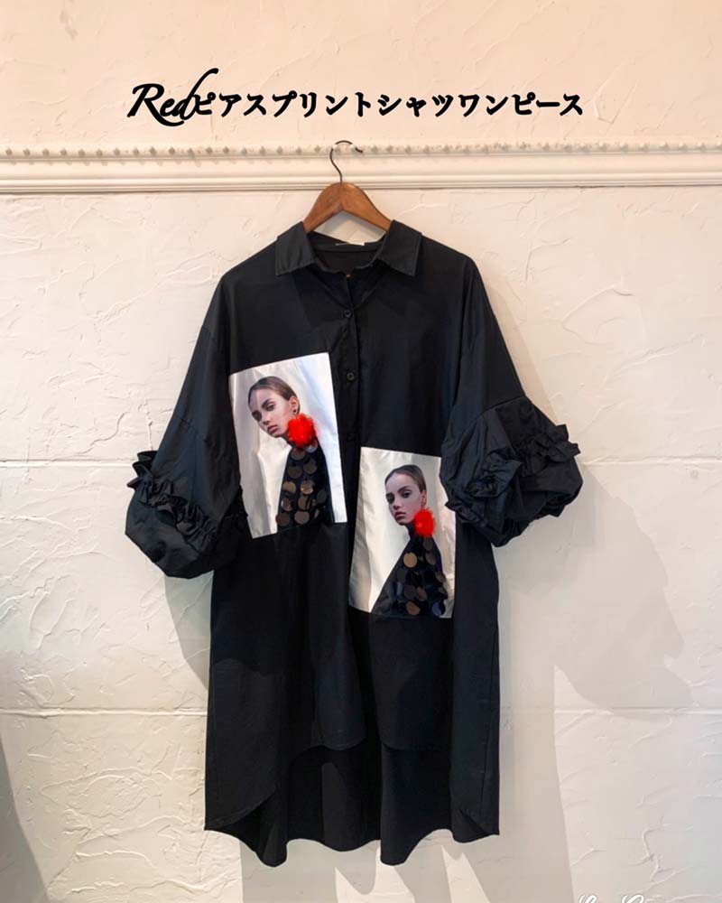 Redピアスプリント シャツワンピース