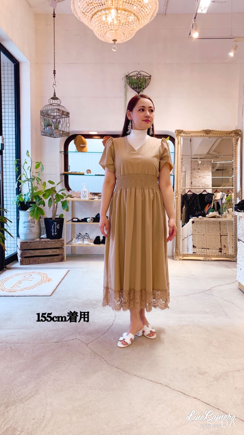 HemレースVネックワンピース