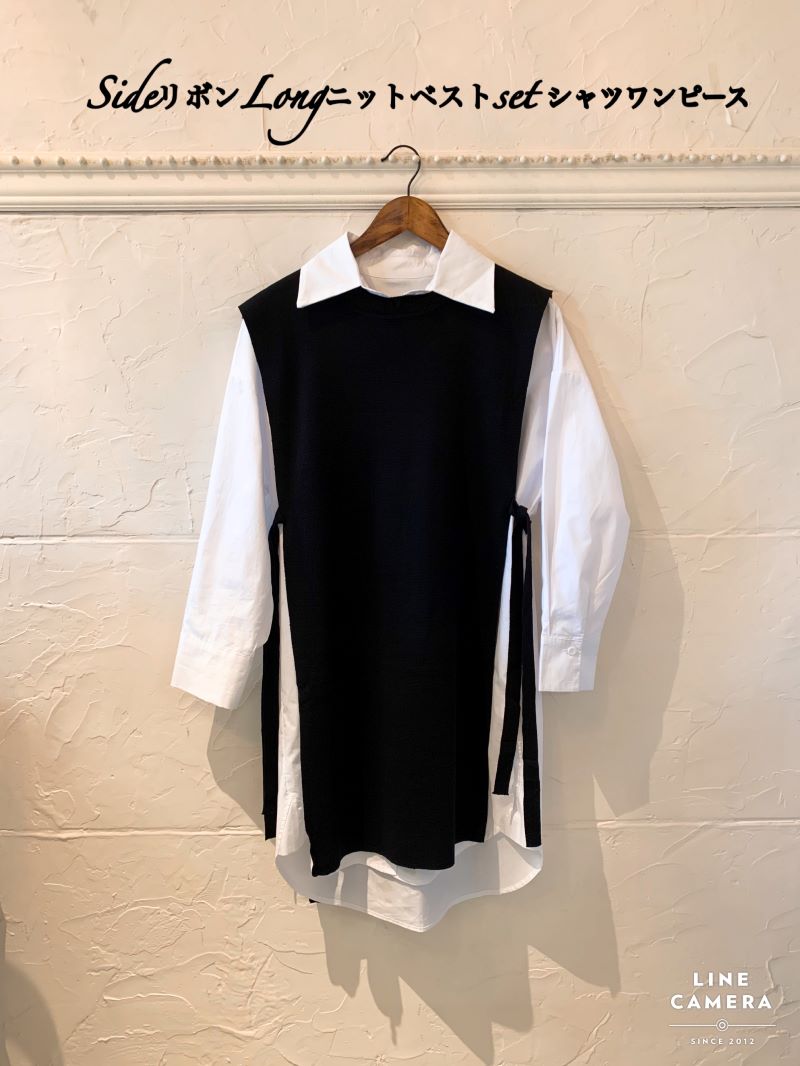SideリボンLongニットベストSetシャツワンピース