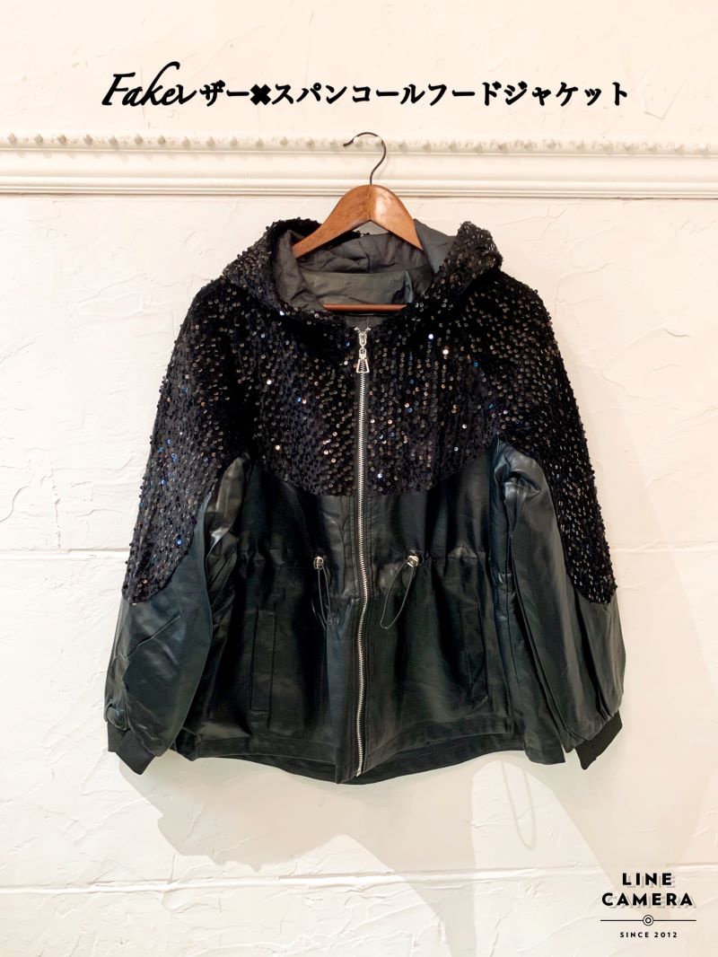 Fakeレザー×スパンコールフードジャケット