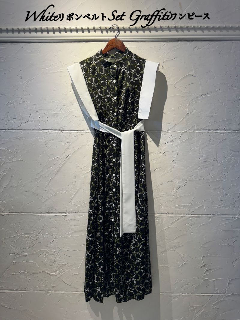 WhiteリボンベルトSetGraffitiワンピース
