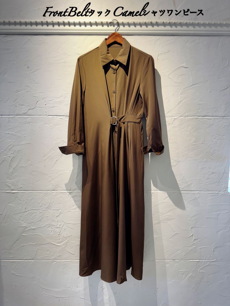 FrontBeltタックCamelシャツワンピース