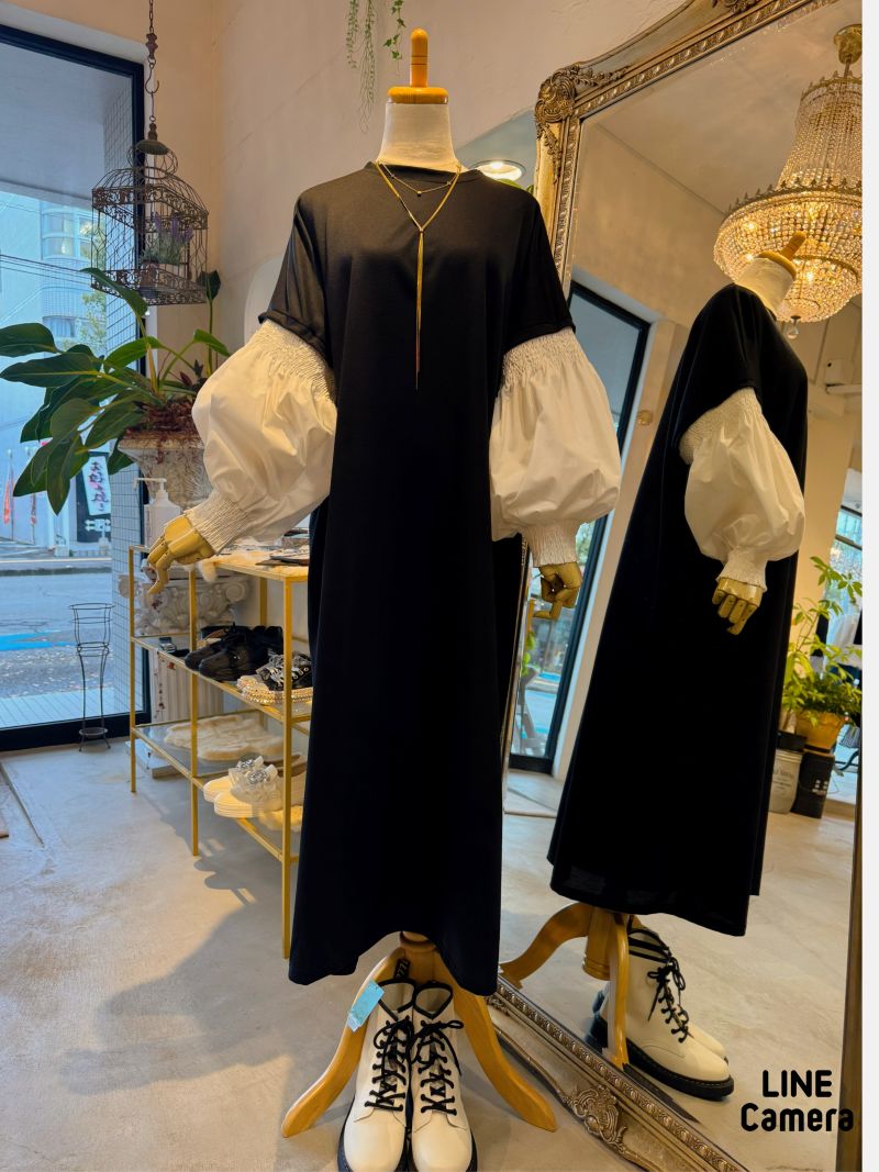 GatherバルーンSleeveBycolorワンピース