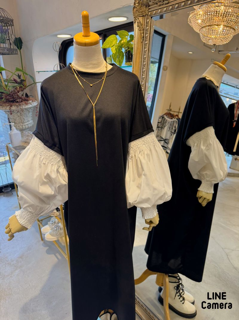 GatherバルーンSleeveBycolorワンピース