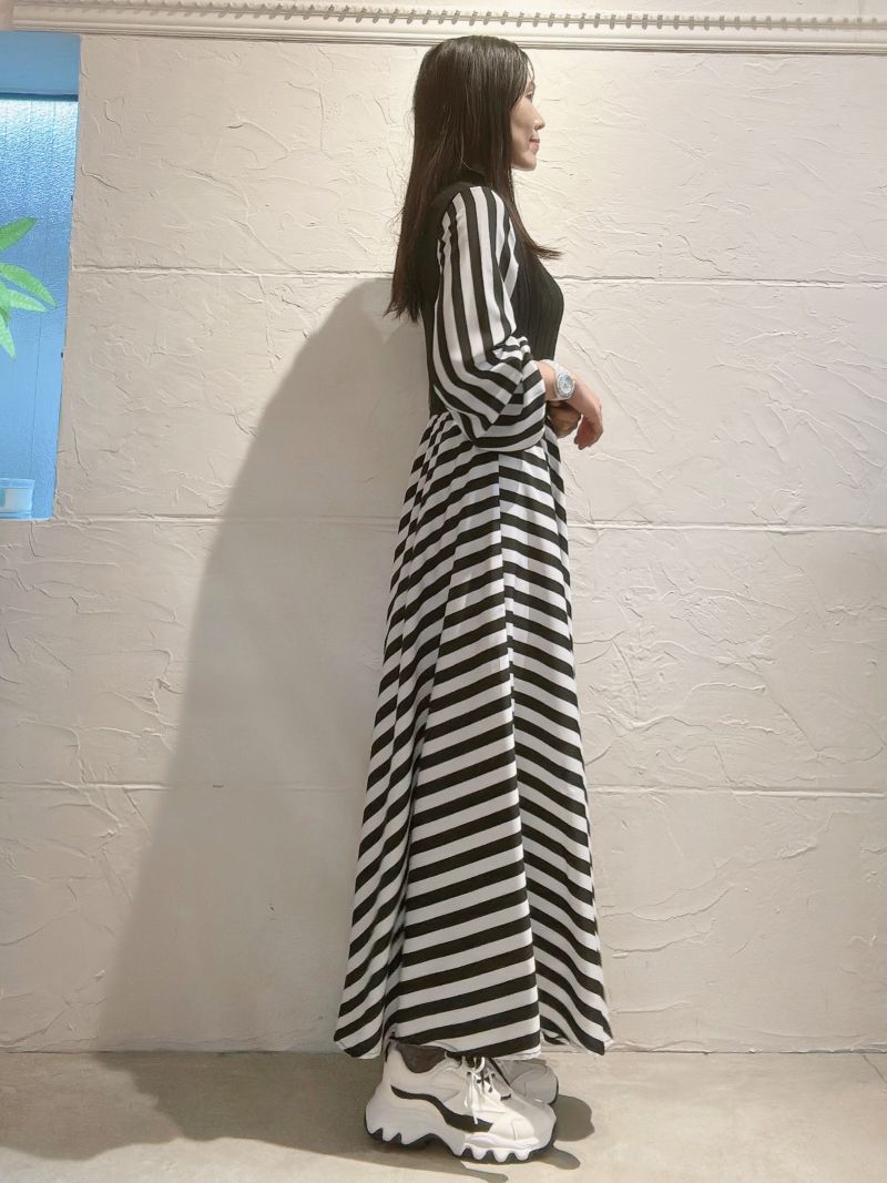 Blackニット×StripeMixワンピース