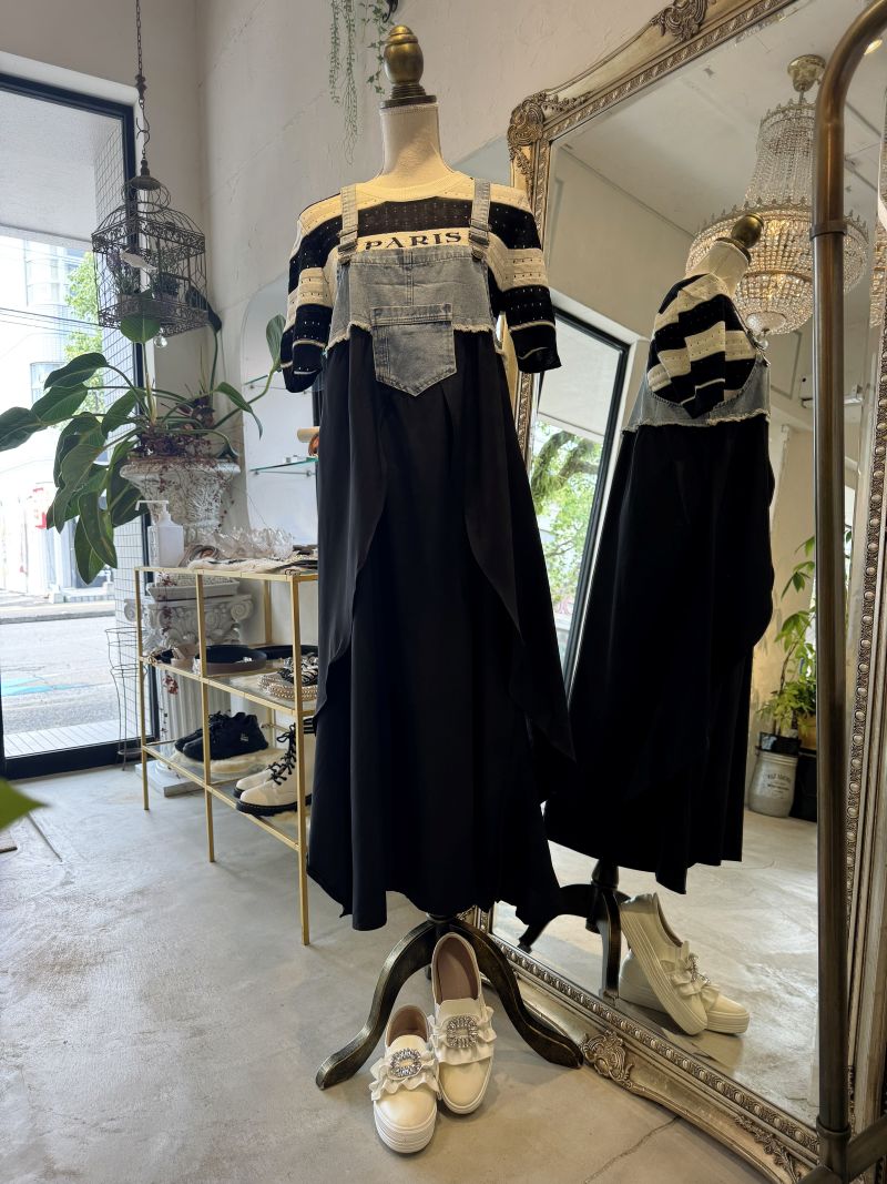 Denim×Chiffonサロペットスカート