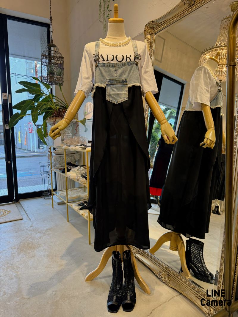 Denim×Chiffonサロペットスカート