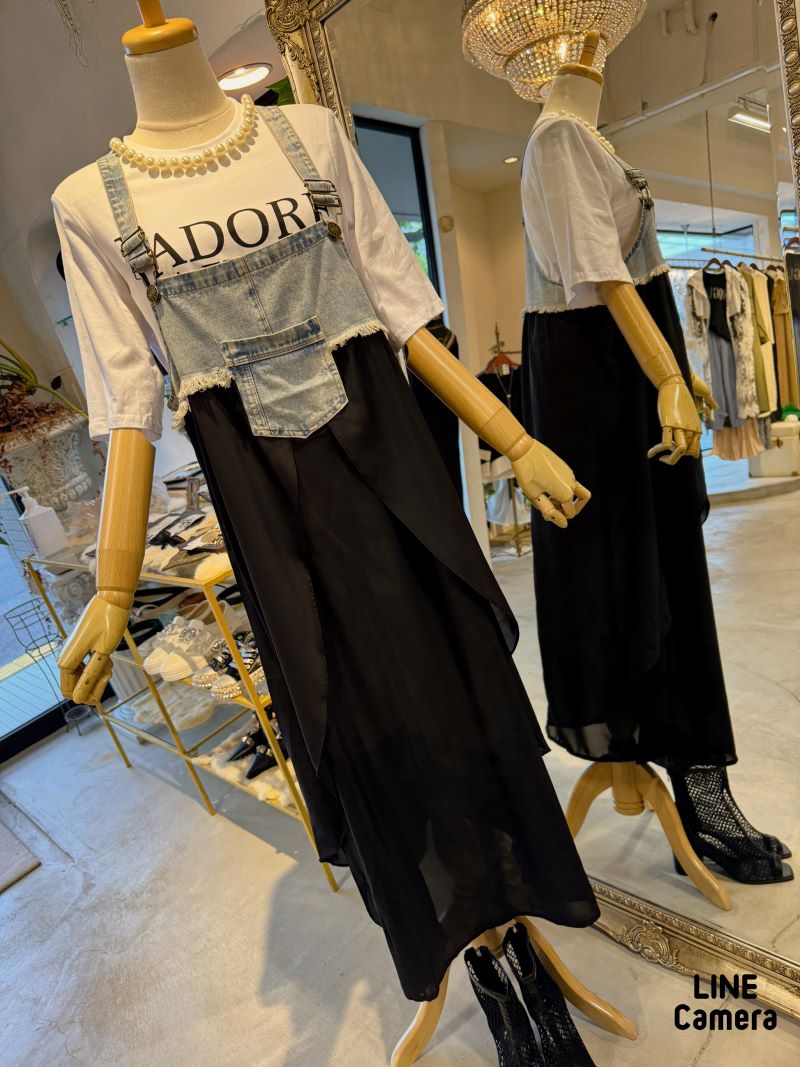 Denim×Chiffonサロペットスカート