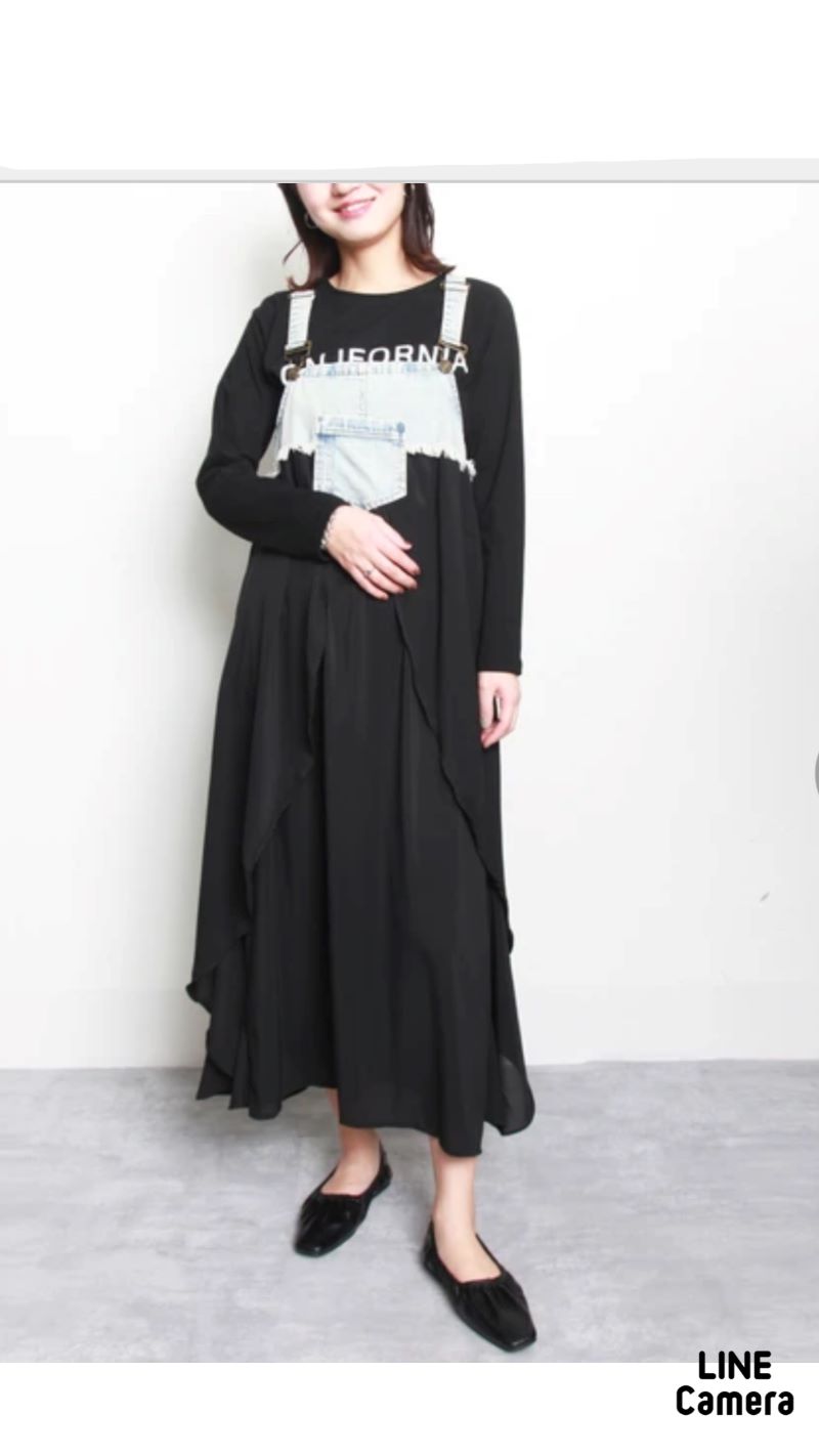 Denim×Chiffonサロペットスカート