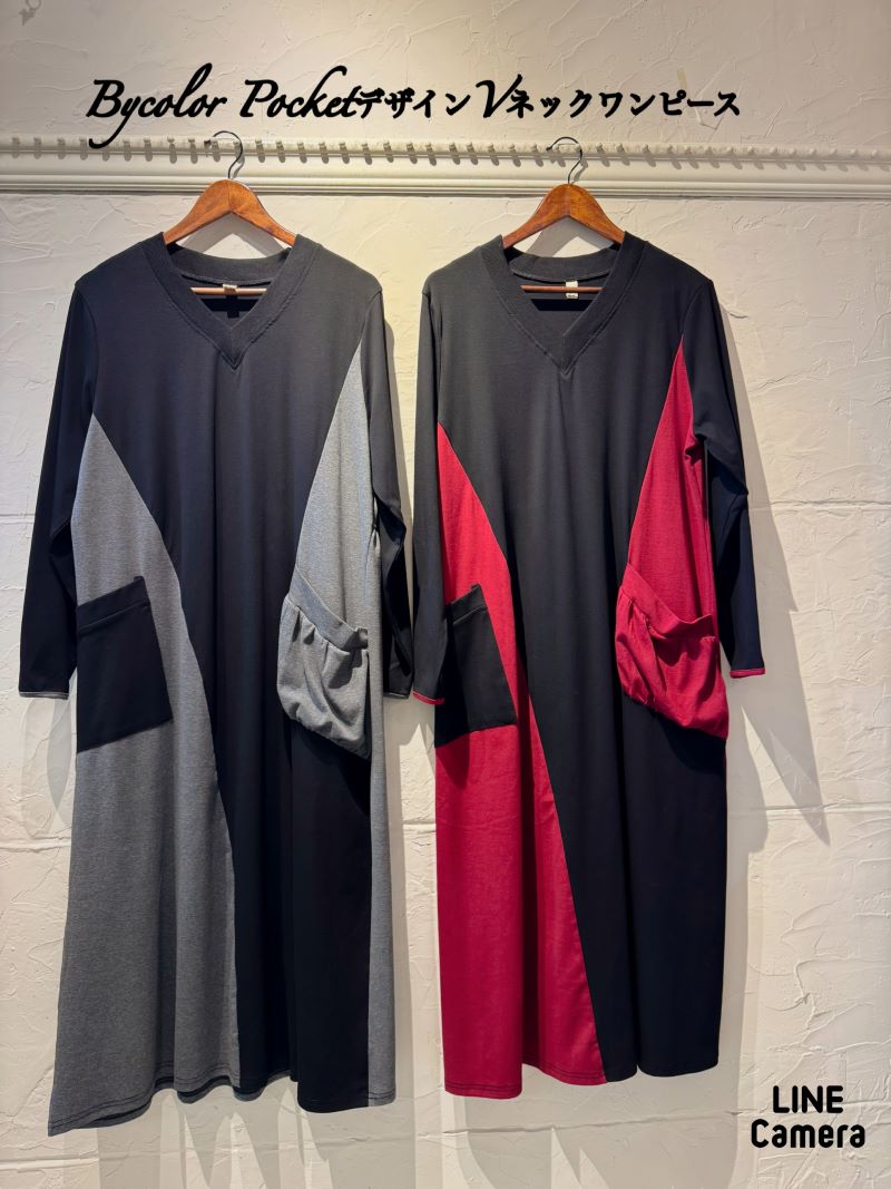 BycolorPocketデザインVネックワンピース