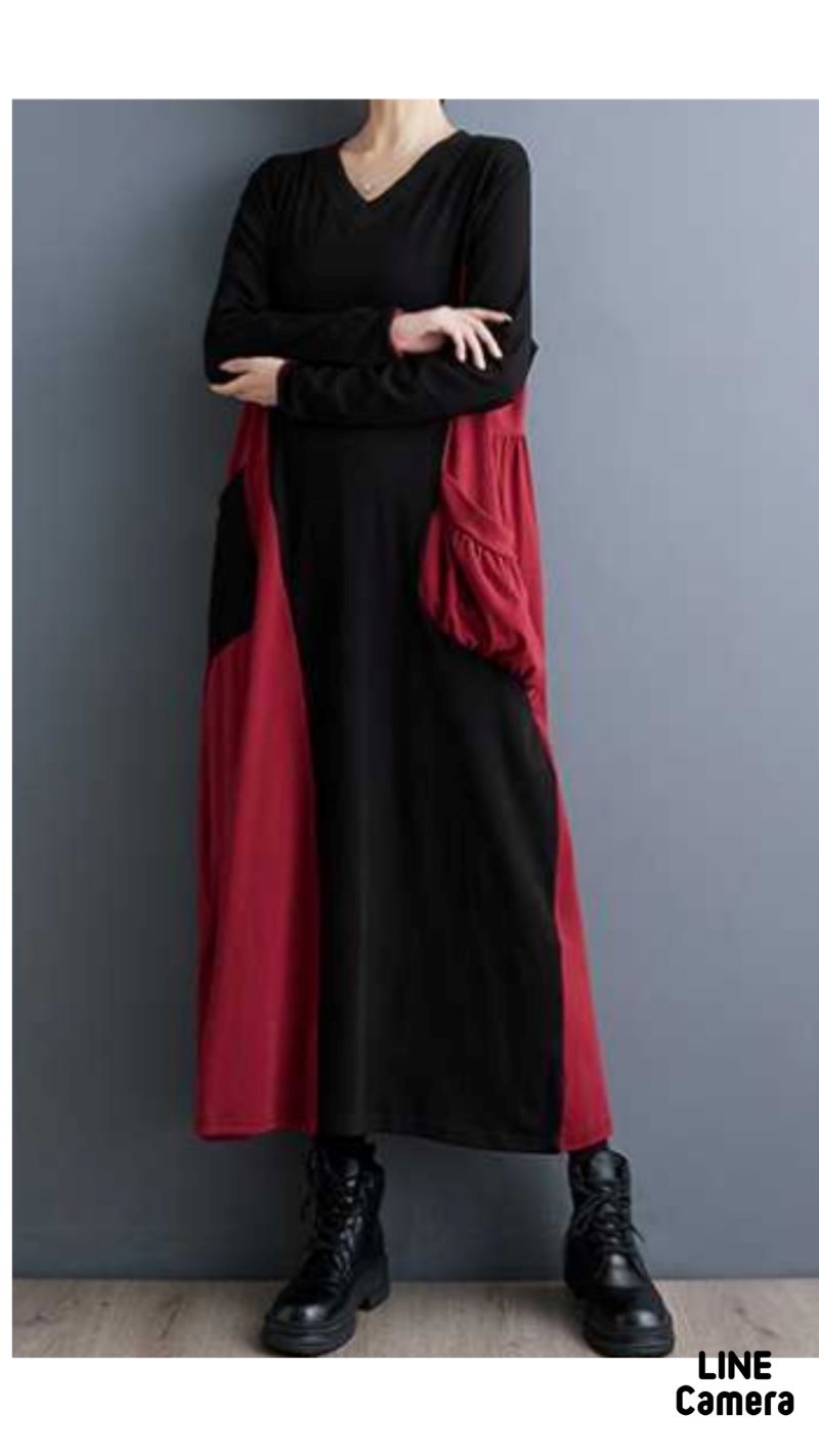 BycolorPocketデザインVネックワンピース