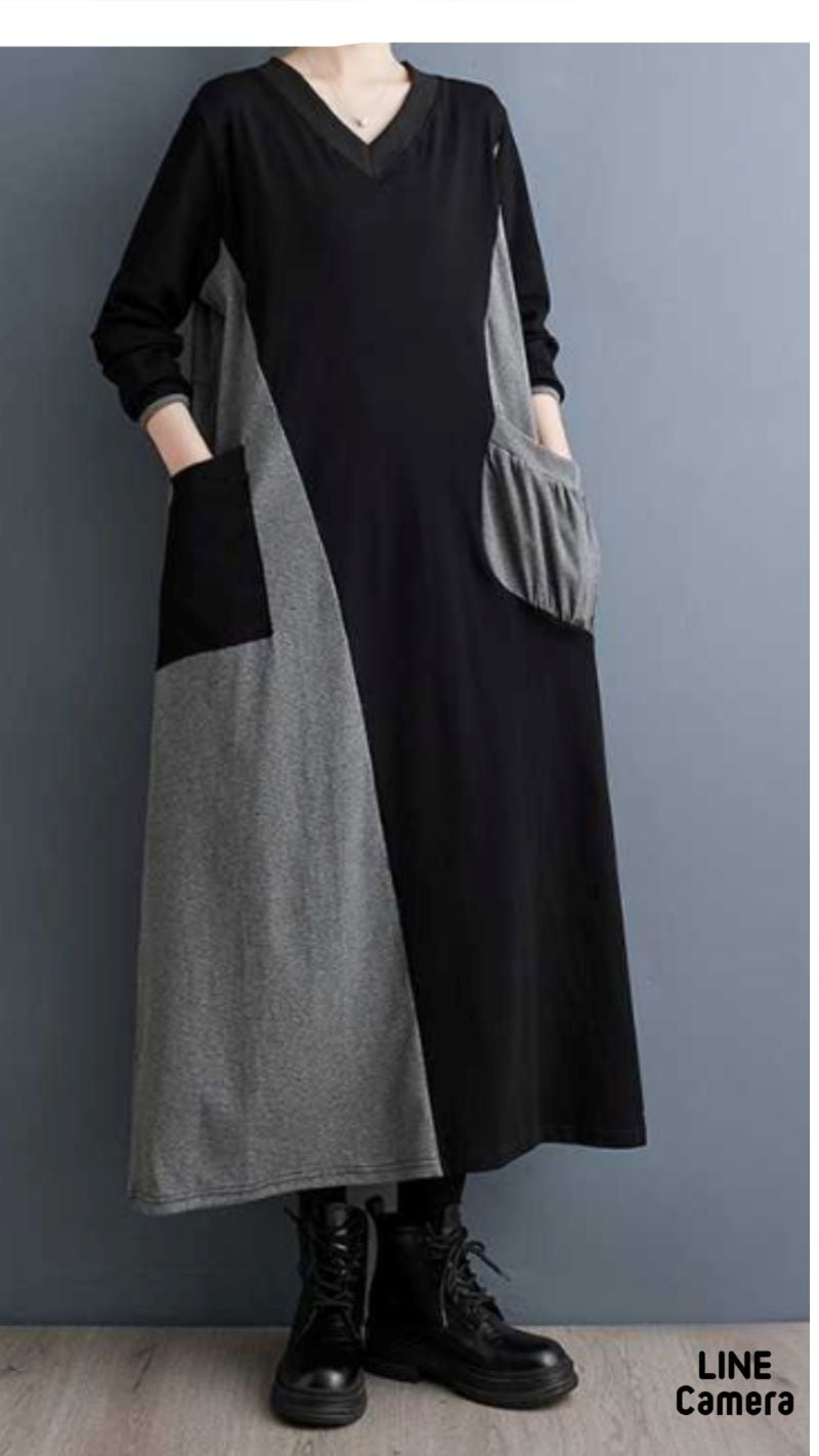 BycolorPocketデザインVネックワンピース