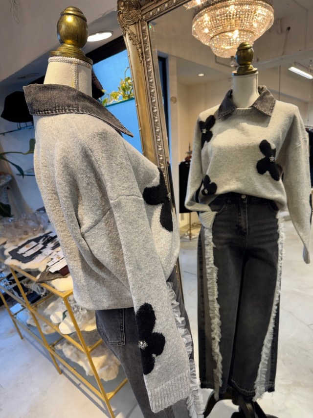 BlackDenimCallorFlowerビジューニット