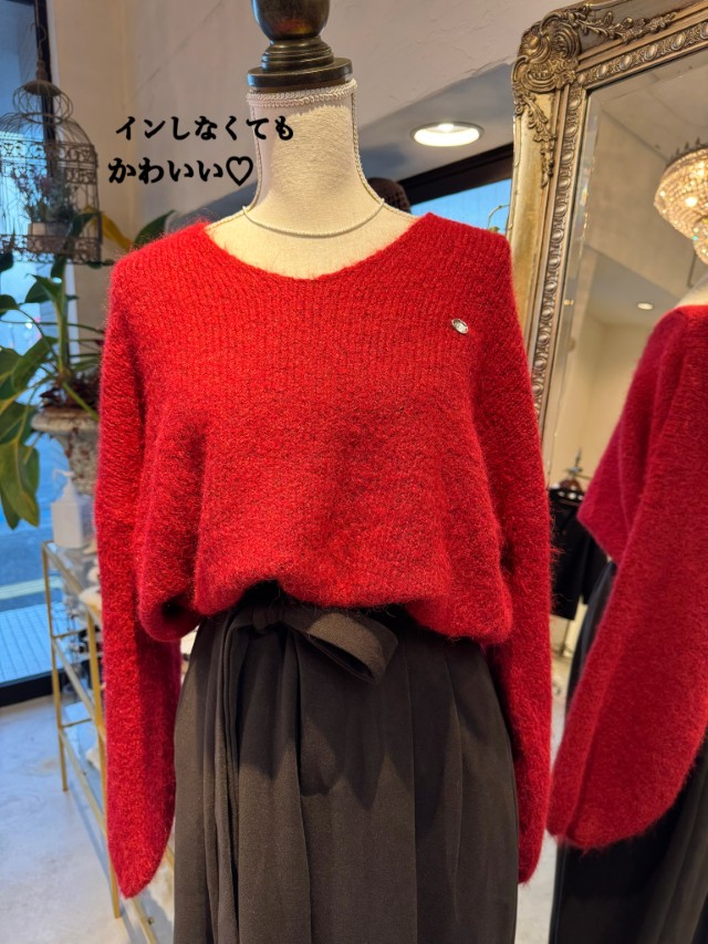 WaistバルーンデザインVNeckニット