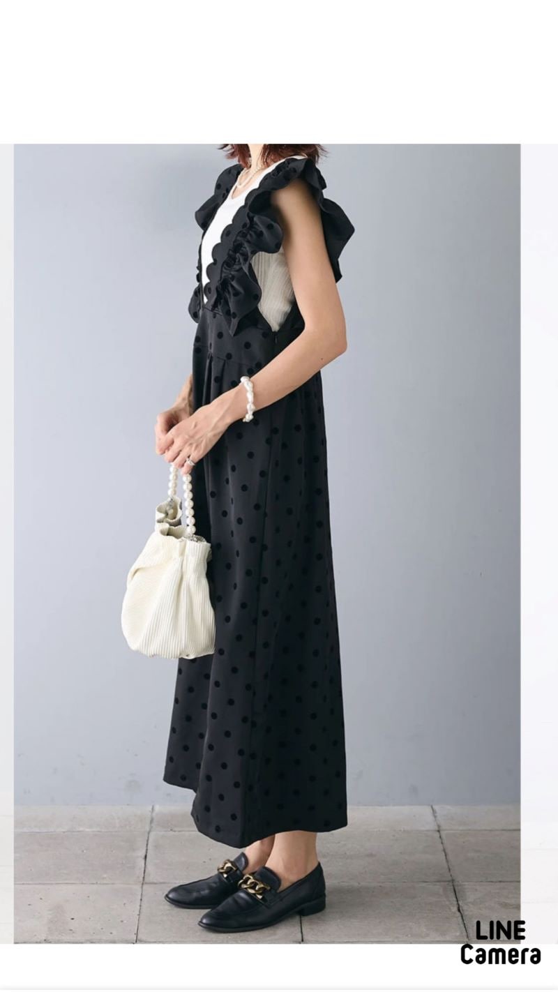 Shoulderフリルドットサロペットスカート