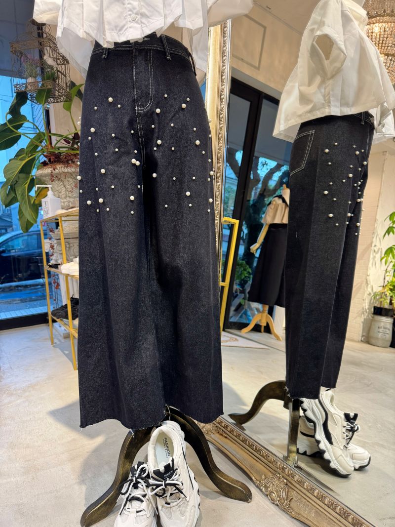 PearlWhiteステッチブラックデニムパンツ | BOTTOMS | Merci