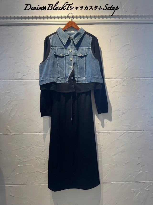 BlackTシャツ×DenimTops＋タイトスカートSetup