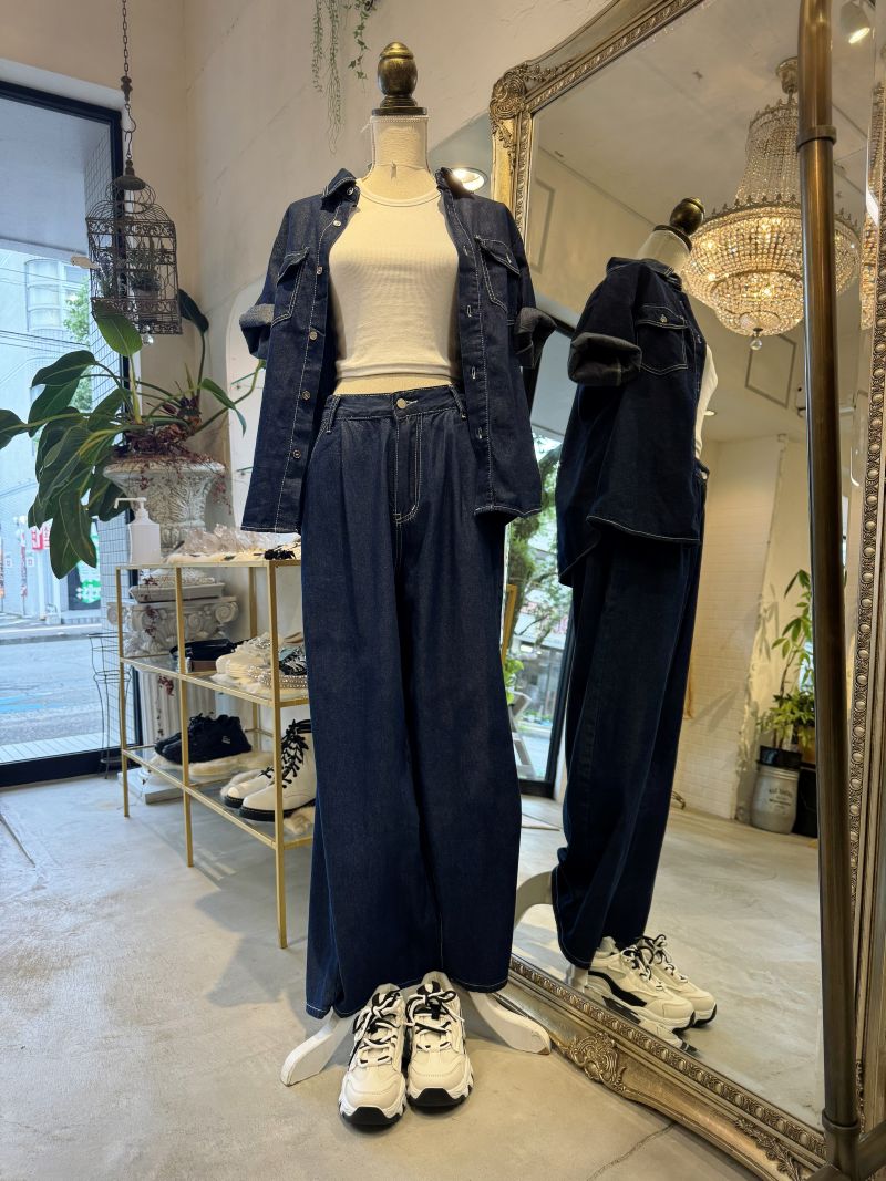 WhiteStitchデニムシャツ＋Wideデニムパンツ２点Set