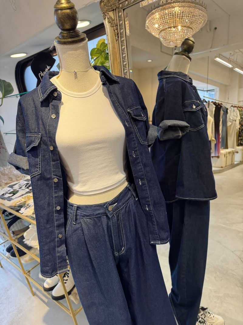 WhiteStitchデニムシャツ＋Wideデニムパンツ２点Set