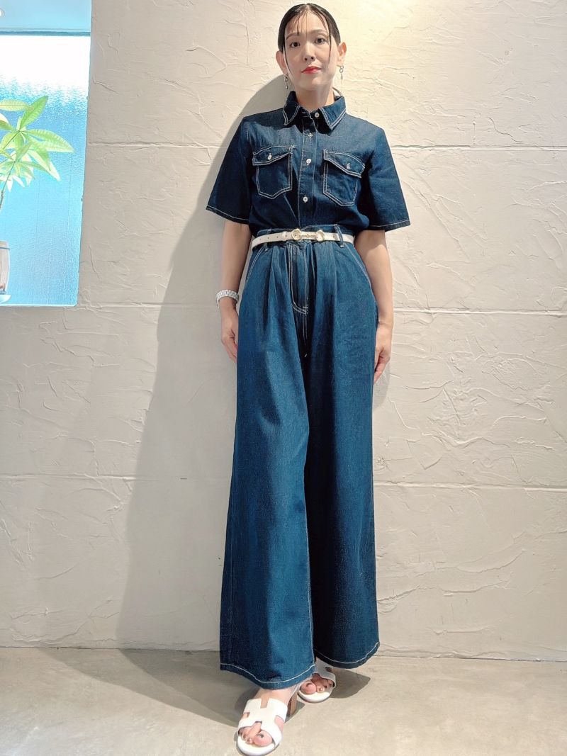 WhiteStitchデニムシャツ＋Wideデニムパンツ２点Set