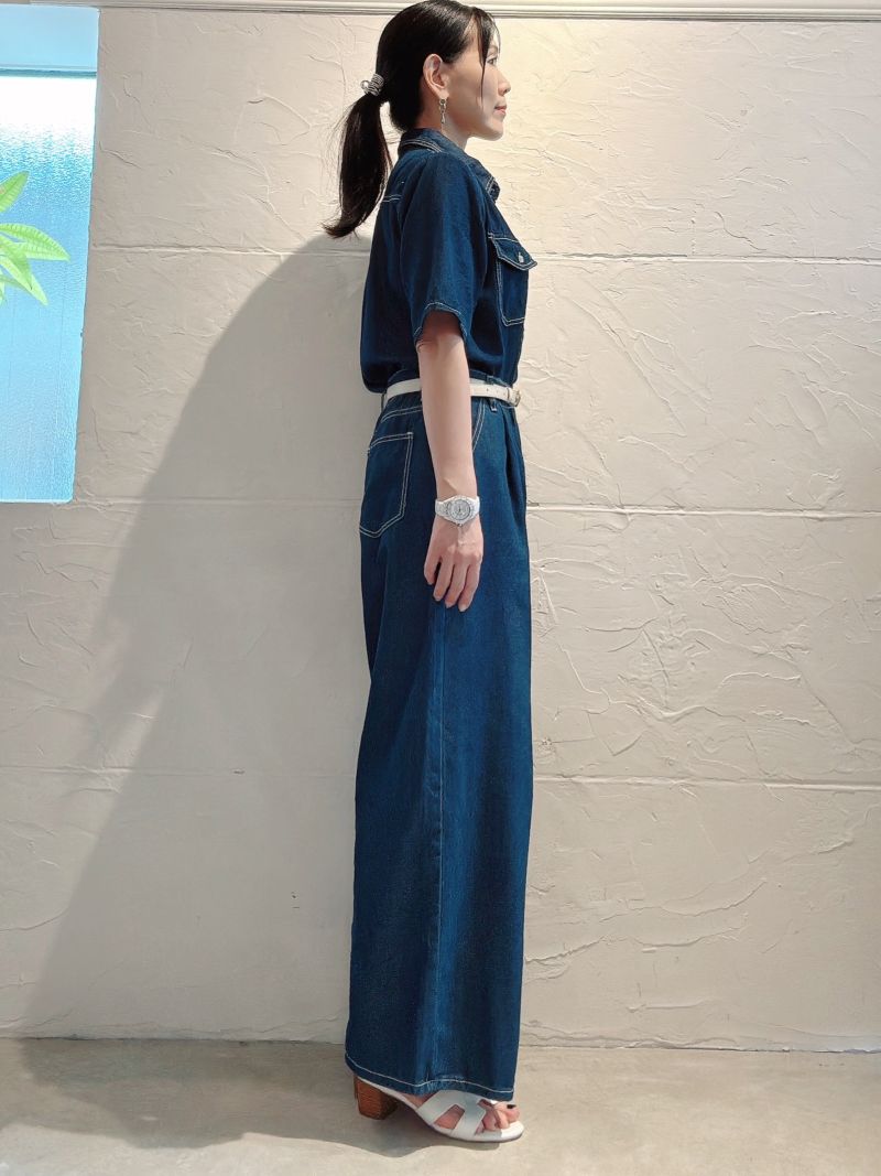 WhiteStitchデニムシャツ＋Wideデニムパンツ２点Set