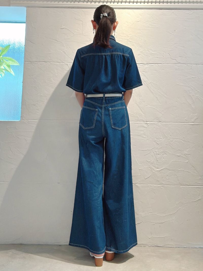 WhiteStitchデニムシャツ＋Wideデニムパンツ２点Set