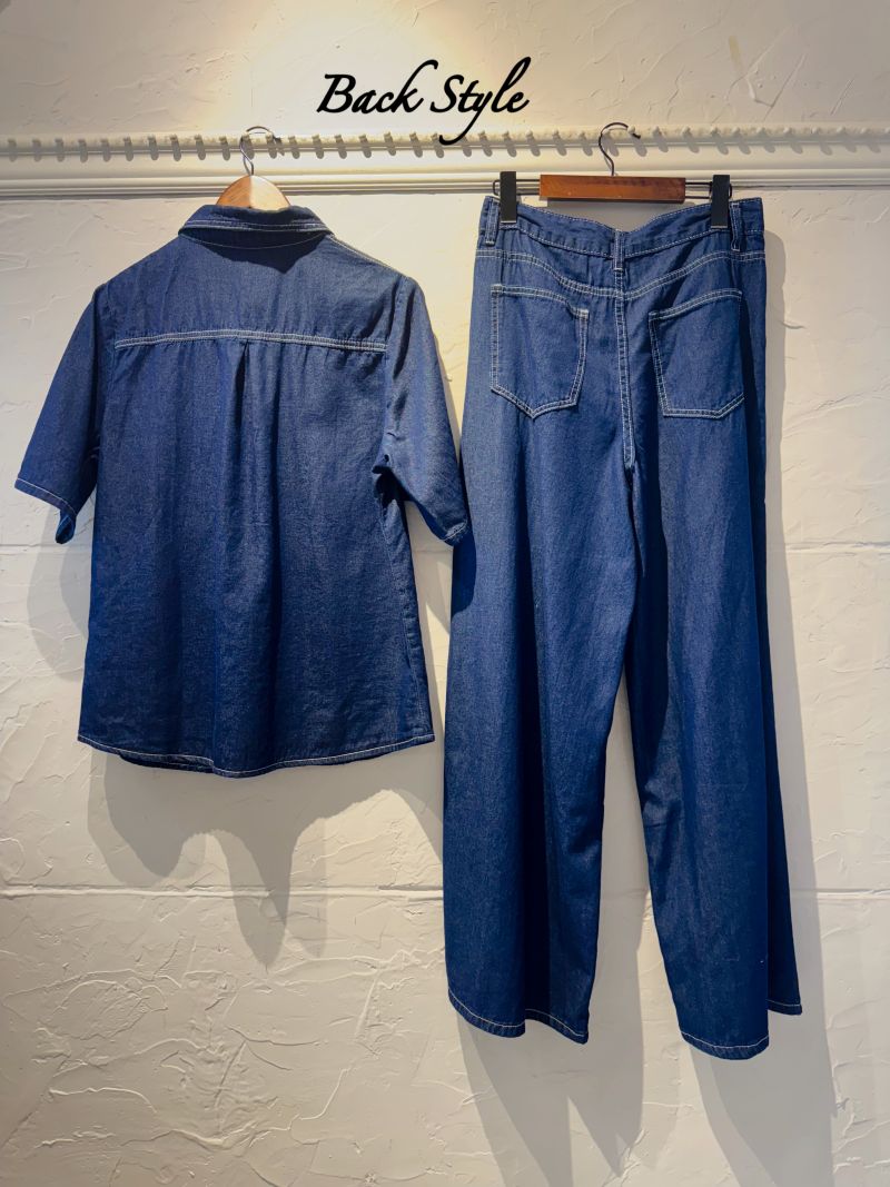 WhiteStitchデニムシャツ＋Wideデニムパンツ２点Set