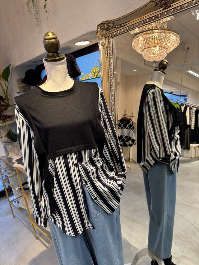 ThinニットMixStripeシャツ