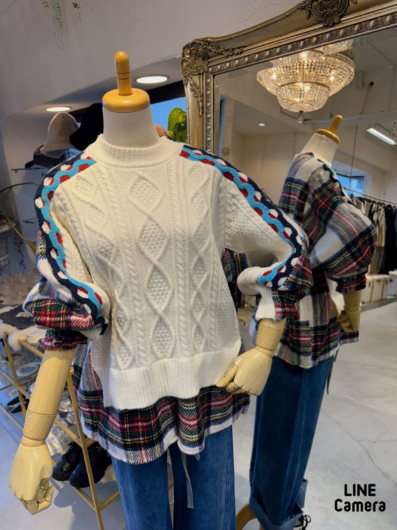 BackチェックシャツMixケーブルニット
