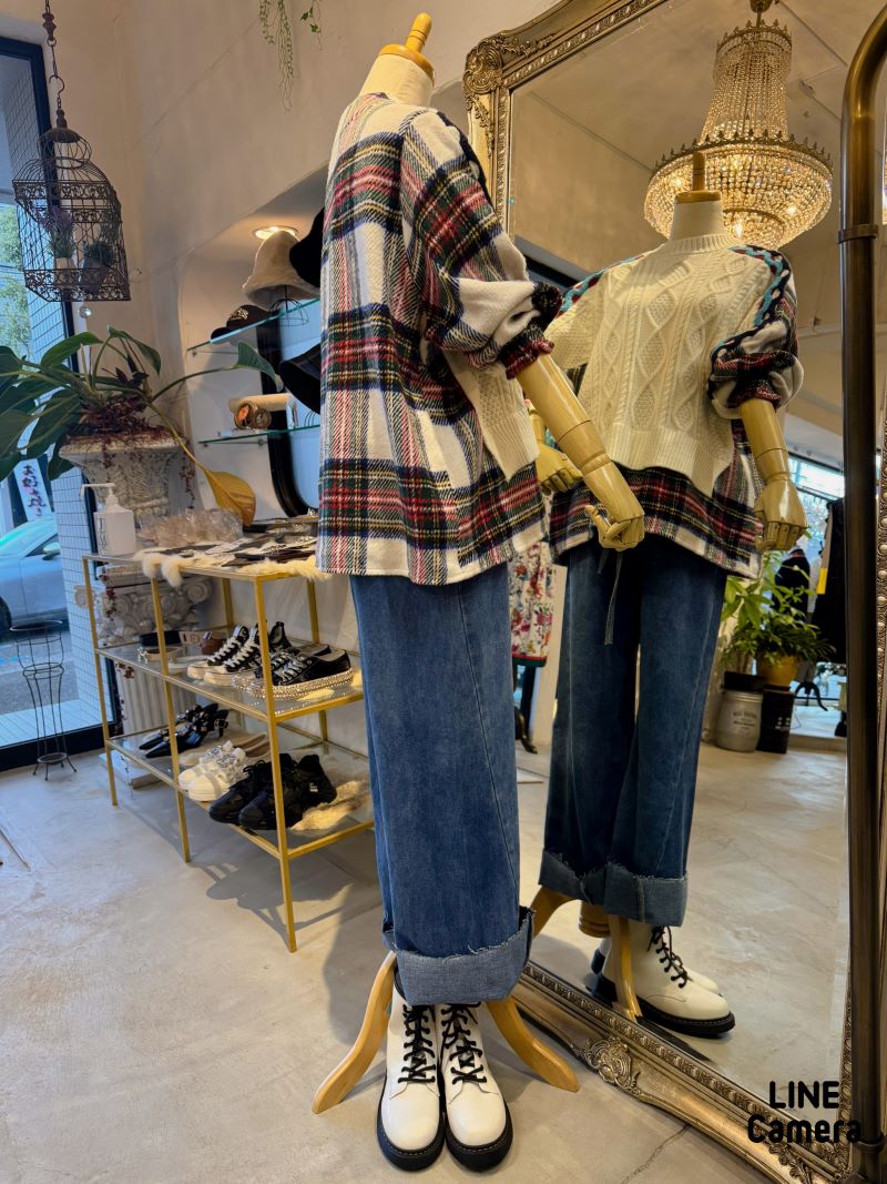 BackチェックシャツMixケーブルニット