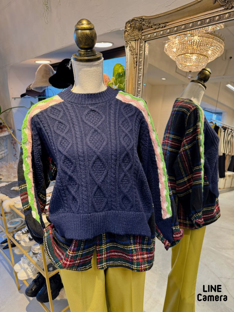 BackチェックシャツMixケーブルニット
