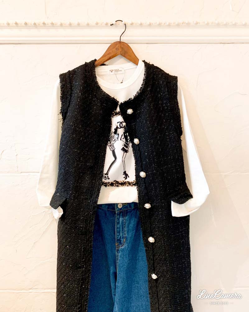 【cccmalie】ツイードロングジレ　ブラック cccmalie】ツイードロングジレ ブラック