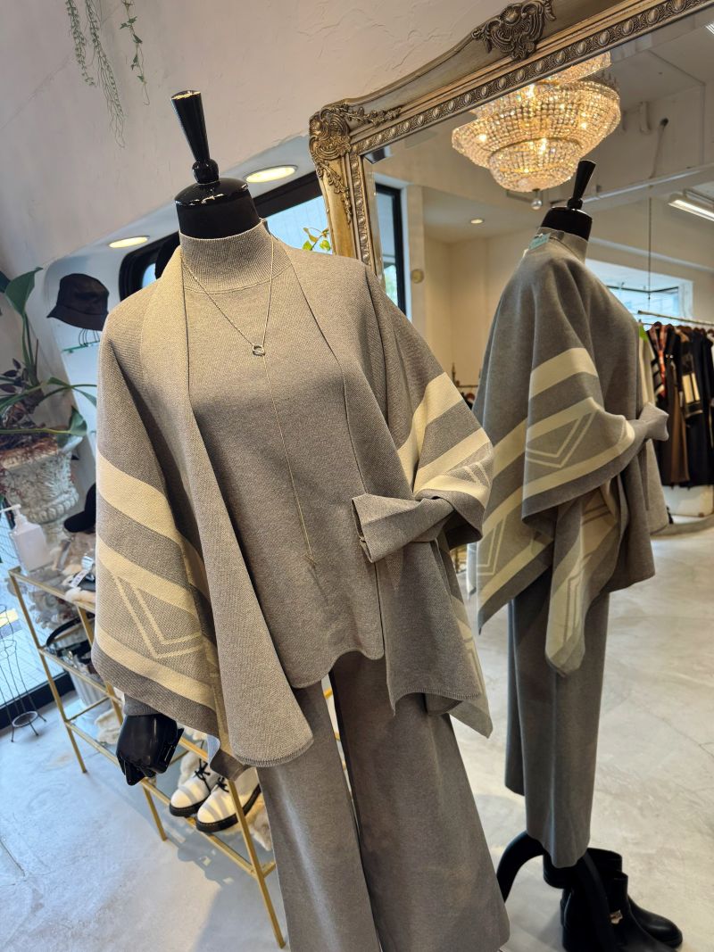 Capeショール＋ニット＋ニットパンツ3点Set