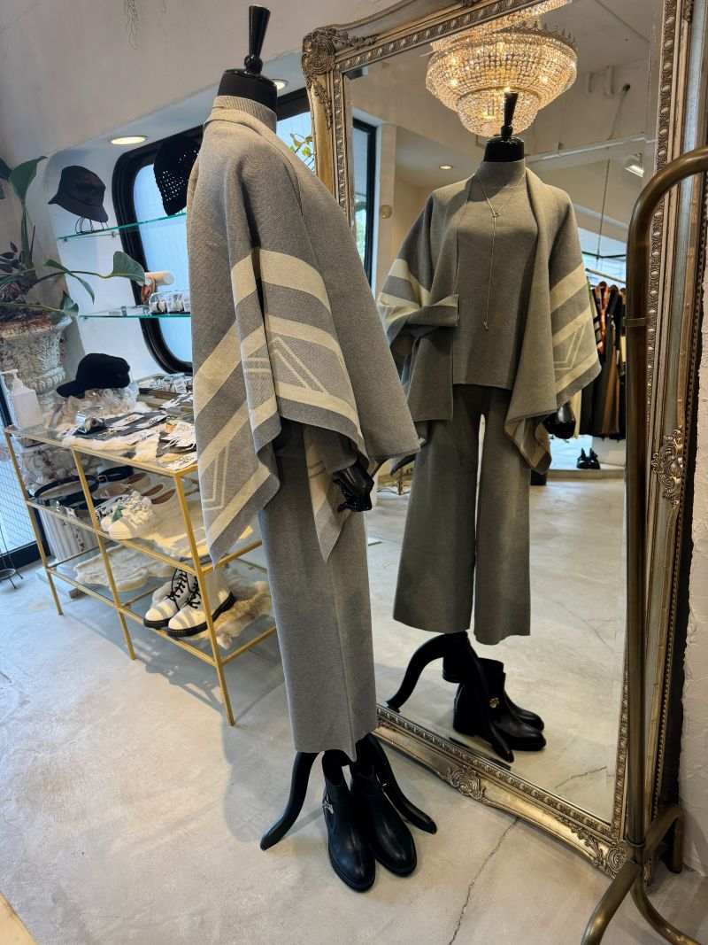 Capeショール＋ニット＋ニットパンツ3点Set