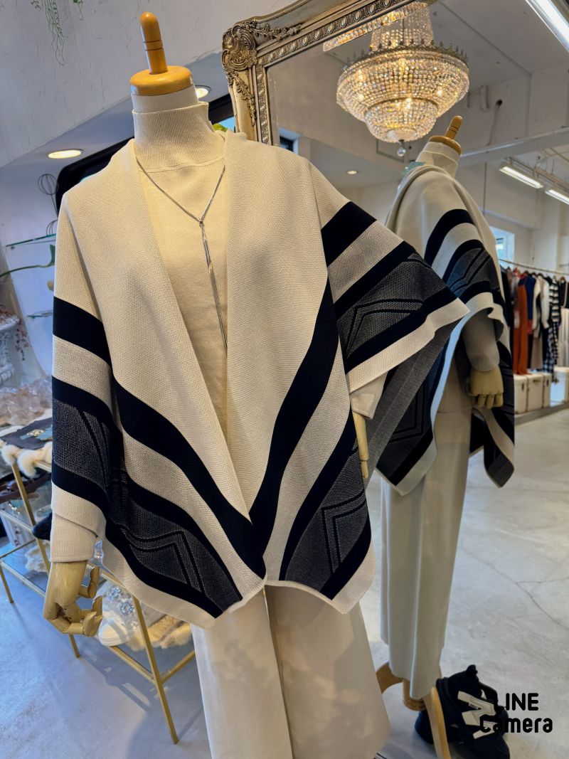 Capeショール＋ニット＋ニットパンツ3点Set