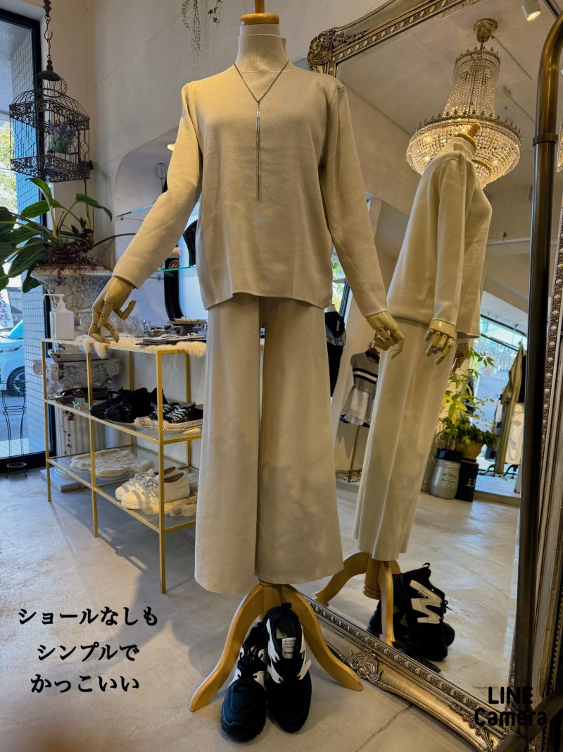 Capeショール＋ニット＋ニットパンツ3点Set