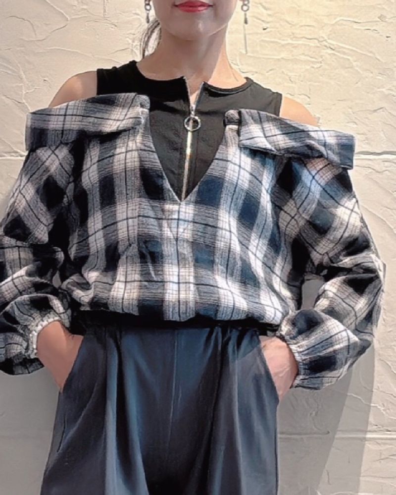 Zipperタンク×ShoulderOpenチェックシャツ