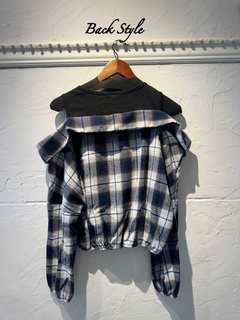 Zipperタンク×ShoulderOpenチェックシャツ