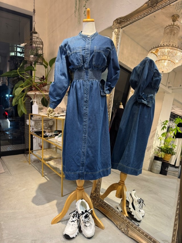 WaistギャザーDenimワンピース