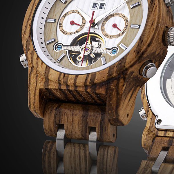 【機械式自動巻き木製腕時計】メンズ カレンダー機能付き　