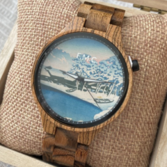 【限定商品 川瀬巴水　浮世絵シリーズ　】メンズ 木製腕時計 正規品 メンズ 浮世絵 JAPAN 　旅みやげ 雪の明ぼの 佐渡小木港 クォーツ