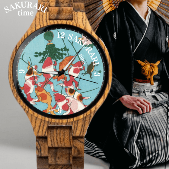【予約商品】【オリジナル文言可】水色系複数金魚 メンズ 腕時計 クオーツ式