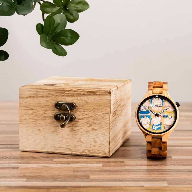 【F.M.C.浮世絵シリーズ　歌川国郷 相撲　】メンズ 木製腕時計 浮世絵 JAPAN 歌川国郷 相撲 すもう 錦絵 クォーツ アレルギー