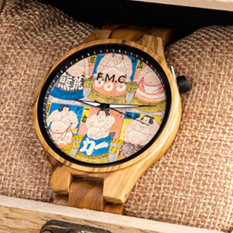 【F.M.C.浮世絵シリーズ　歌川国郷 相撲　】メンズ 木製腕時計 浮世絵 JAPAN 歌川国郷 相撲 すもう 錦絵 クォーツ アレルギー