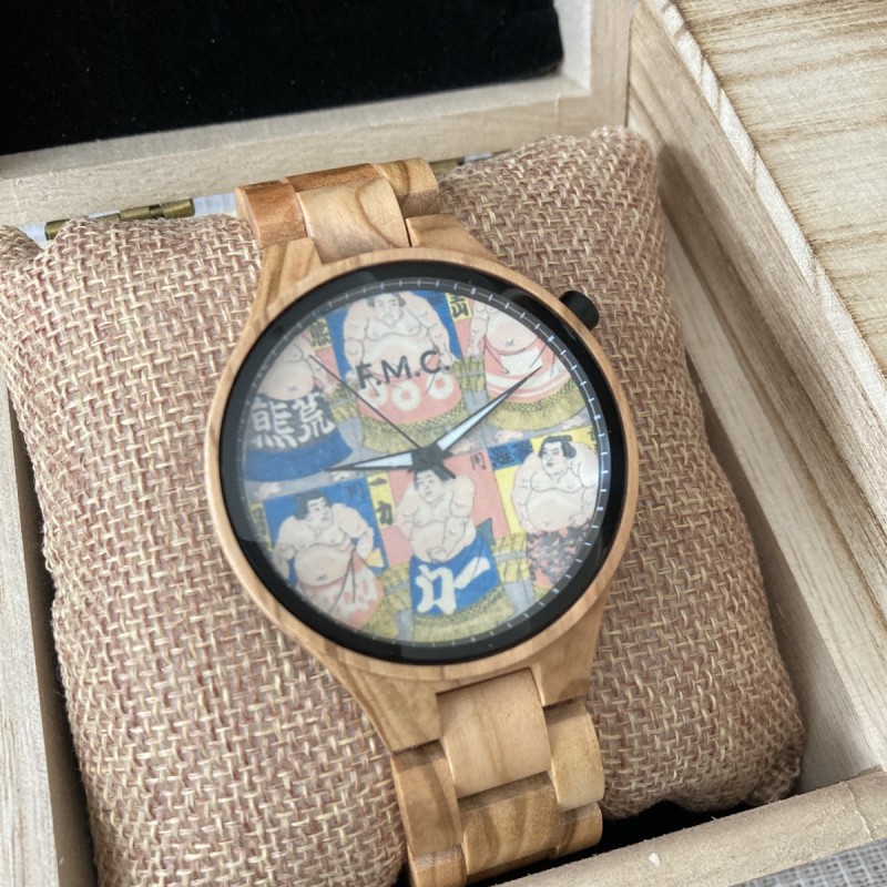 【F.M.C.浮世絵シリーズ　歌川国郷 相撲　】メンズ 木製腕時計 浮世絵 JAPAN 歌川国郷 相撲 すもう 錦絵 クォーツ アレルギー