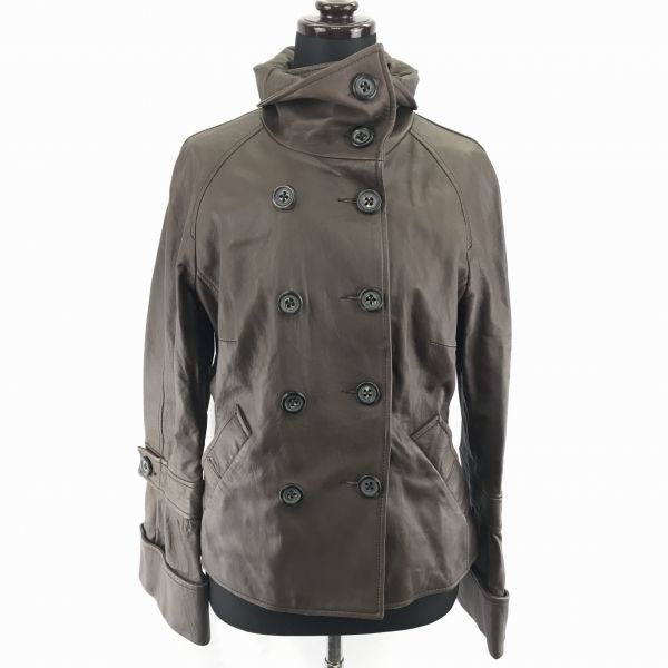 BENETTON★羊革/ラムレザージャケット/ブルゾン【42/Women's size-L/暗茶】ハイネック/ダブルボタン/フレアスリーブ/ベネトン◆BA980L|Coats, Jackets & V