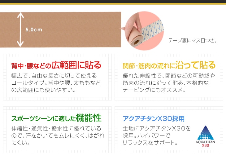 【アクアチタン×30】　ファイテン　チタンテープ伸縮タイプ5.0cm×4.5m 　幅広タイプ